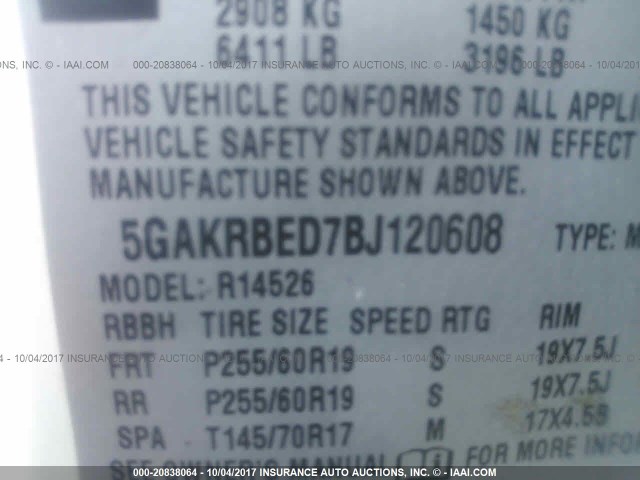 5GAKRBED7BJ120608 - 2011 BUICK ENCLAVE CXL 白色 照片 9