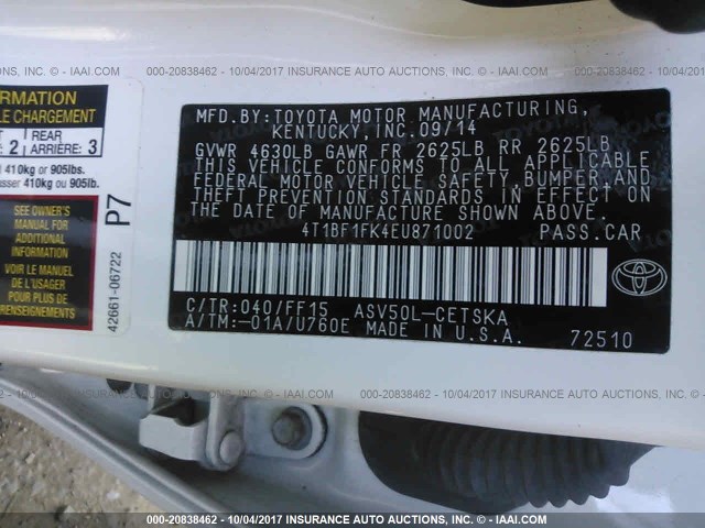 4T1BF1FK4EU871002 - 2014 TOYOTA CAMRY L/SE/LE/XLE თეთრი ფოტო 9