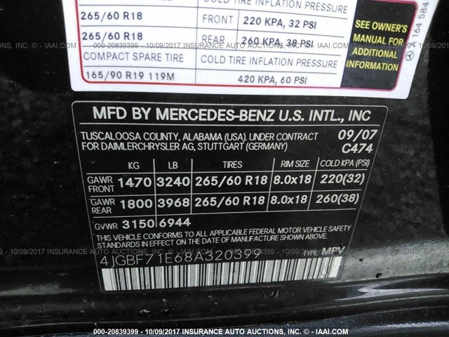 4JGBF71E68A320399 - 2008 MERCEDES-BENZ GL 450 4MATIC BLACK photo 9