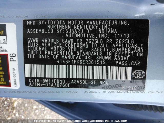 4T4BF1FK6ER361515 - 2014 TOYOTA CAMRY L/SE/LE/XLE 蓝色 照片 9