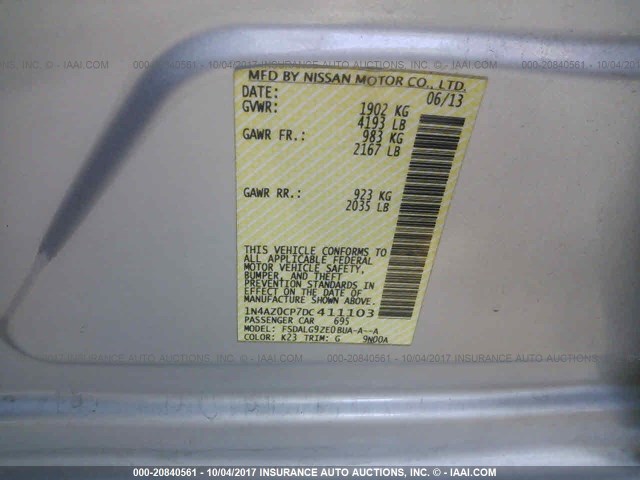 1N4AZ0CP7DC411103 - 2013 NISSAN LEAF S/SV/SL SILVER photo 9