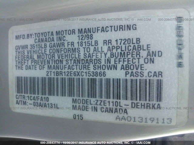 2T1BR12E6XC153866 - 1999 TOYOTA COROLLA VE/CE/LE ვერცხლისფერი ფოტო 9