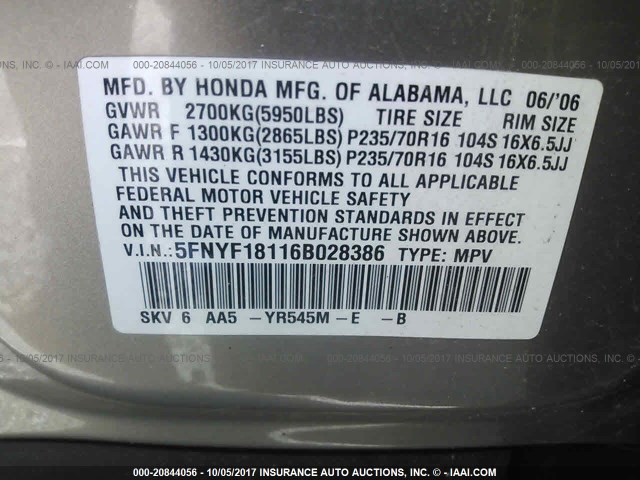 5FNYF18116B028386 - 2006 HONDA PILOT LX GOLD photo 9