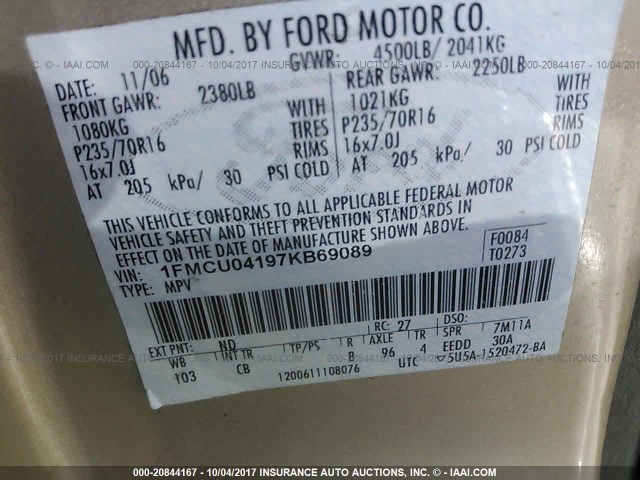 1FMCU04197KB69089 - 2007 FORD ESCAPE LIMITED GOLD photo 9