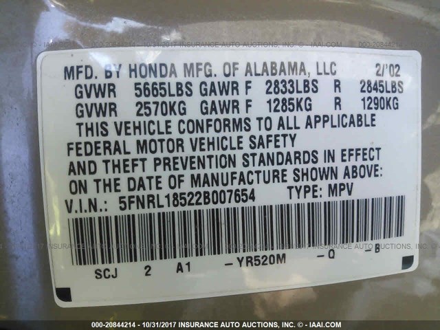 5FNRL18522B007654 - 2002 HONDA ODYSSEY LX GOLD photo 9