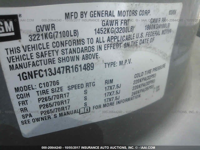 1GNFC13J47R161489 - 2007 CHEVROLET TAHOE C1500 GRAY photo 9