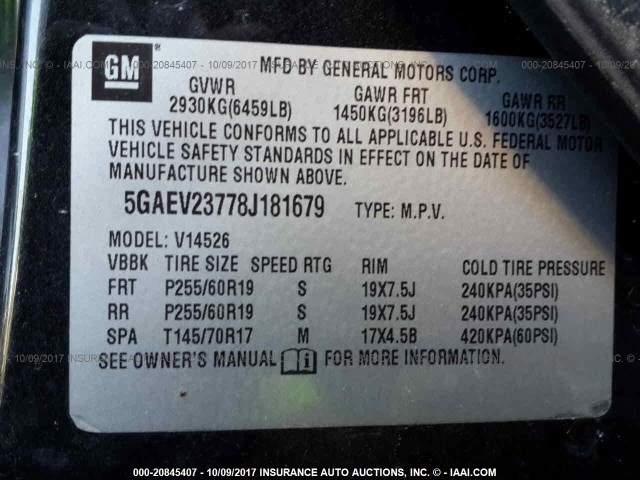 5GAEV23778J181679 - 2008 BUICK ENCLAVE CXL GRAY photo 9