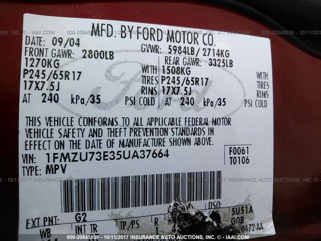 1FMZU73E35UA37664 - 2005 FORD EXPLORER XLT/XLT SPORT/NBX RED photo 9