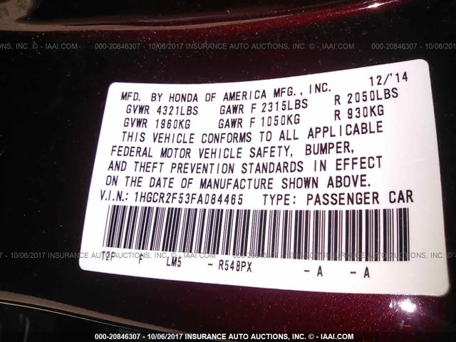 1HGCR2F53FA084465 - 2015 HONDA ACCORD SPORT 勃艮第红 照片 9