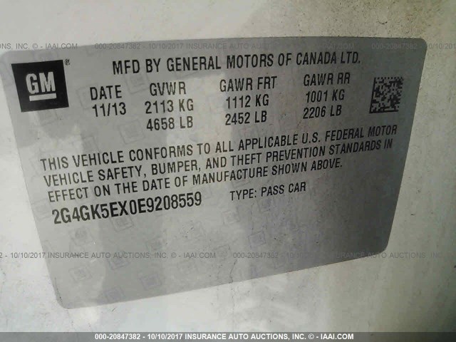 2G4GK5EX0E9208559 - 2014 BUICK REGAL WHITE photo 9