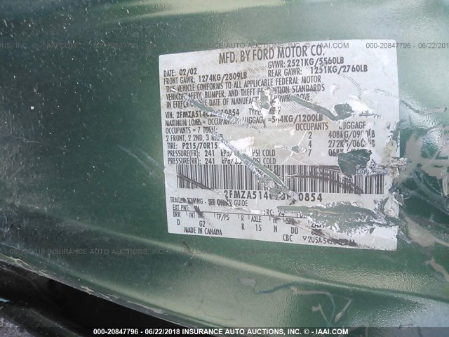 2FMZA51402BB10854 - 2002 FORD WINDSTAR LX GREEN photo 9