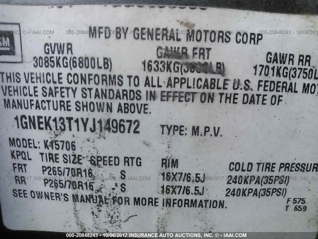 1GNEK13T1YJ149672 - 2000 CHEVROLET TAHOE K1500 GRAY photo 9