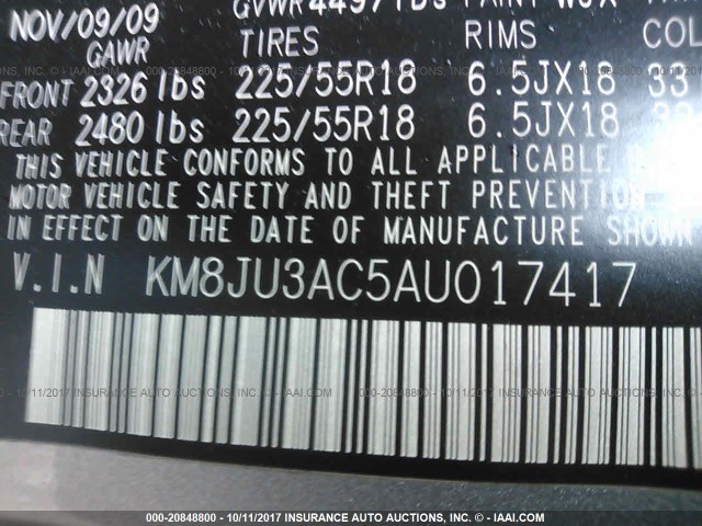 KM8JU3AC5AU017417 - 2010 HYUNDAI TUCSON GLS/LIMITED 灰色 照片 9