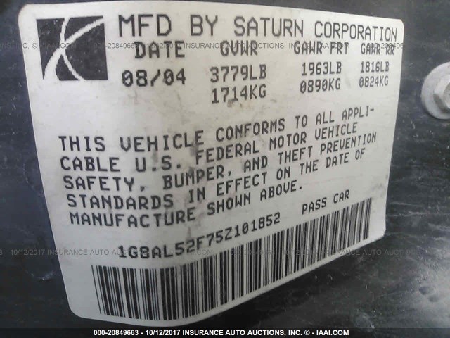 1G8AL52F75Z101852 - 2005 SATURN ION LEVEL 3 GRAY photo 9