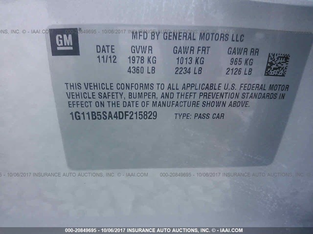 1G11B5SA4DF215829 - 2013 CHEVROLET MALIBU LS 银色 照片 9