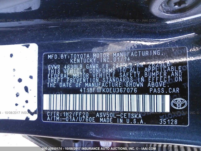 4T1BF1FK0EU367076 - 2014 TOYOTA CAMRY L/SE/LE/XLE 深蓝色 照片 9