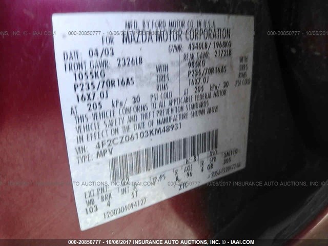 4F2CZ06103KM48931 - 2003 MAZDA TRIBUTE ES 红色 照片 9