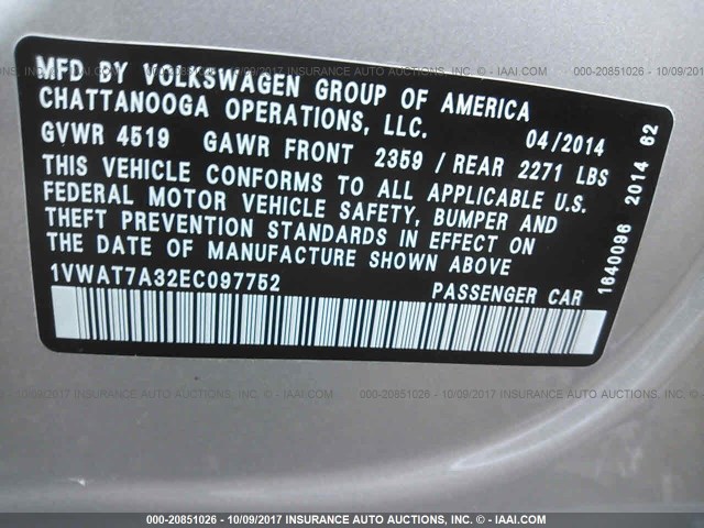 1VWAT7A32EC097752 - 2014 VOLKSWAGEN PASSAT S SILVER photo 9