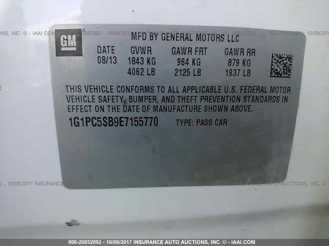 1G1PC5SB9E7155770 - 2014 CHEVROLET CRUZE LT WHITE photo 9