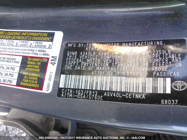 4T1BF3EK3BU691373 - 2011 TOYOTA CAMRY SE/LE/XLE Pewter photo 9