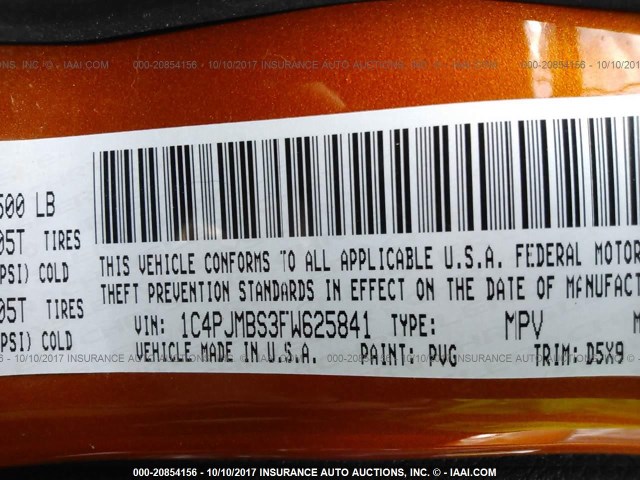 1C4PJMBS3FW625841 - 2015 JEEP CHEROKEE TRAILHAWK 橙色 照片 9