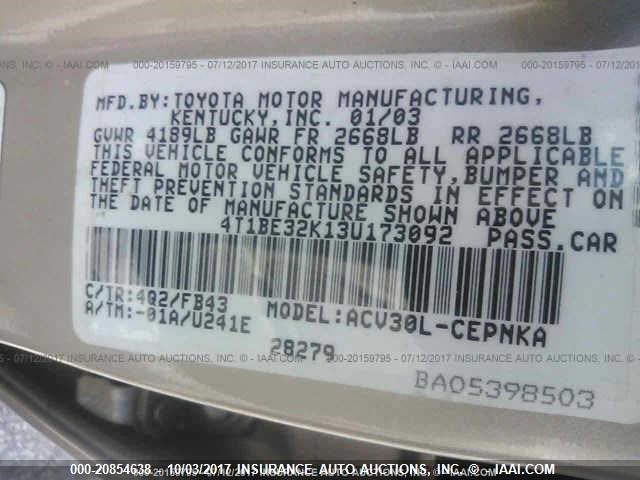 4T1BE32K13U173092 - 2003 TOYOTA CAMRY LE/XLE/SE 棕色 照片 9