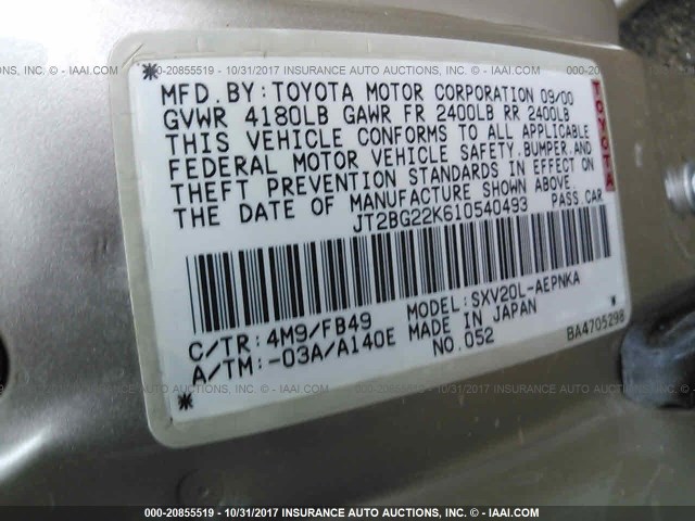 JT2BG22K610540493 - 2001 TOYOTA CAMRY CE/LE/XLE 金色 照片 9