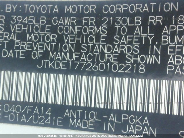 JTKDE177260102218 - 2006 TOYOTA SCION TC 白色 照片 9