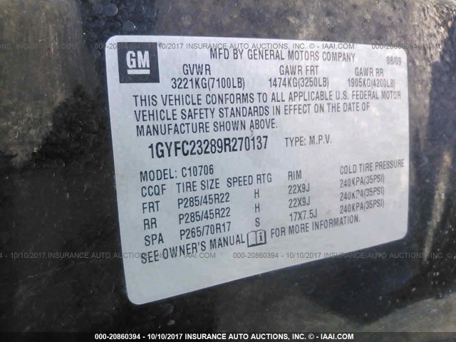 1GYFC23289R270137 - 2009 CADILLAC ESCALADE LUXURY Qara foto 9
