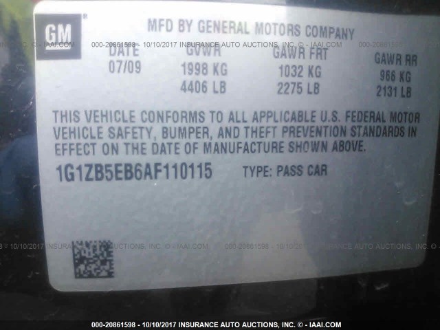 1G1ZB5EB6AF110115 - 2010 CHEVROLET MALIBU LS BLACK photo 9