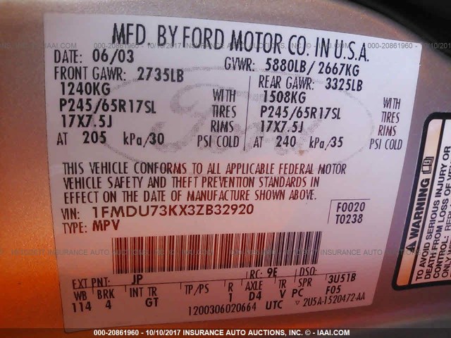 1FMDU73KX3ZB32920 - 2003 FORD EXPLORER XLT/XLT SPORT/NBX 银色 照片 9