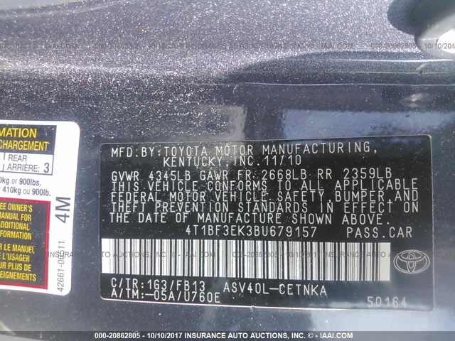 4T1BF3EK3BU679157 - 2011 TOYOTA CAMRY SE/LE/XLE GRAY photo 9