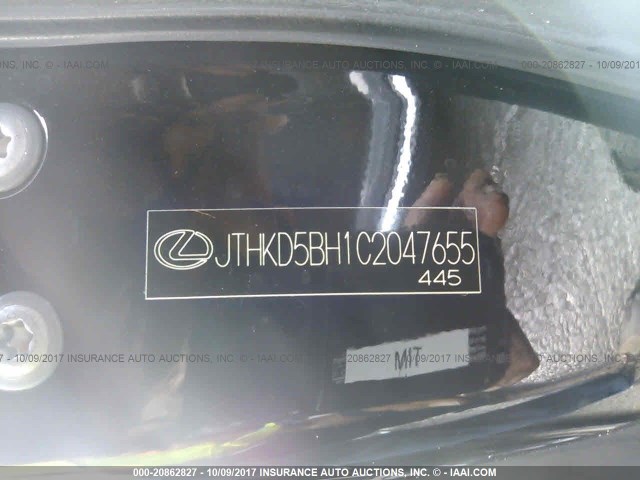 JTHKD5BH1C2047655 - 2012 LEXUS CT 200 BLACK photo 9