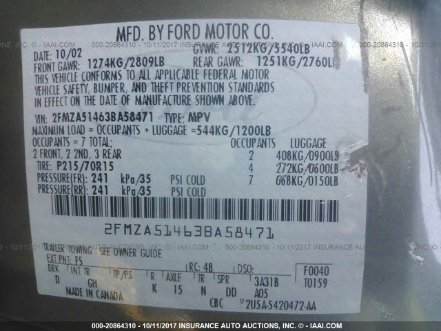 2FMZA51463BA58471 - 2003 FORD WINDSTAR LX Pewter photo 9