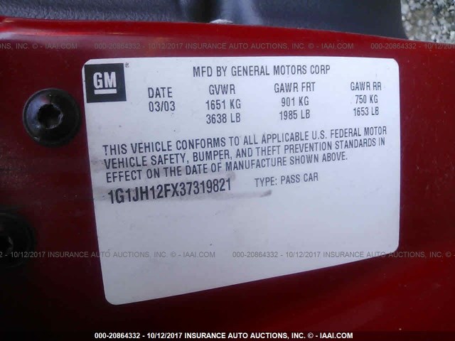 1G1JH12FX37319821 - 2003 CHEVROLET CAVALIER LS SPORT RED photo 9