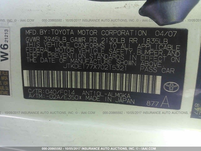 JTKDE177X70215321 - 2007 TOYOTA SCION TC 白色 照片 9