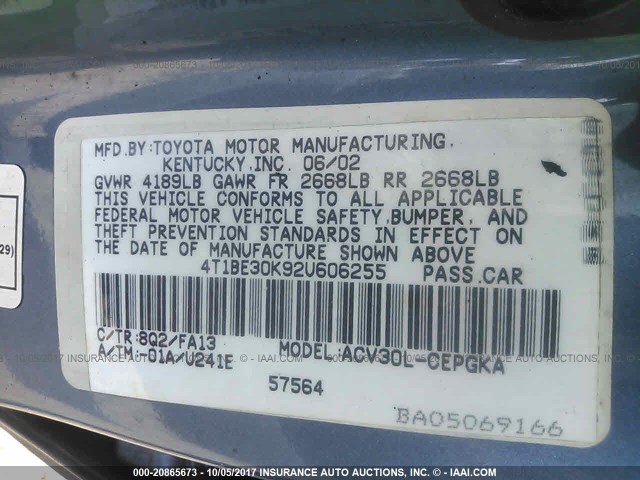 4T1BE30K92U606255 - 2002 TOYOTA CAMRY LE/XLE/SE 蓝色 照片 9