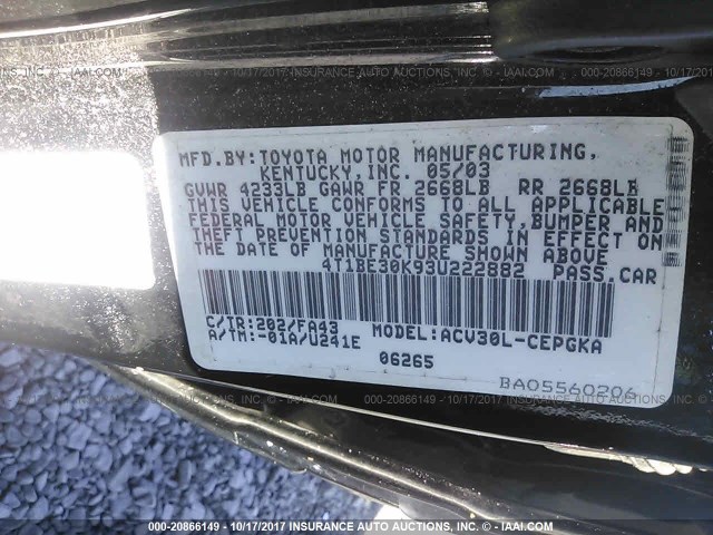 4T1BE30K93U222882 - 2003 TOYOTA CAMRY LE/XLE/SE შავი ფოტო 9