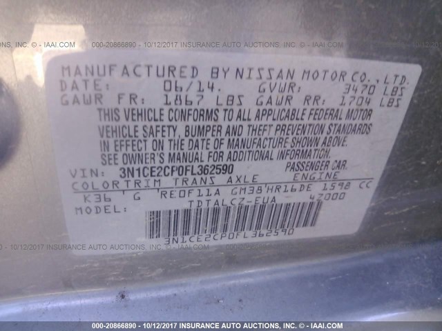 3N1CE2CP0FL362590 - 2015 NISSAN VERSA NOTE S/S PLUS/SV/SL/SR GRAY photo 9