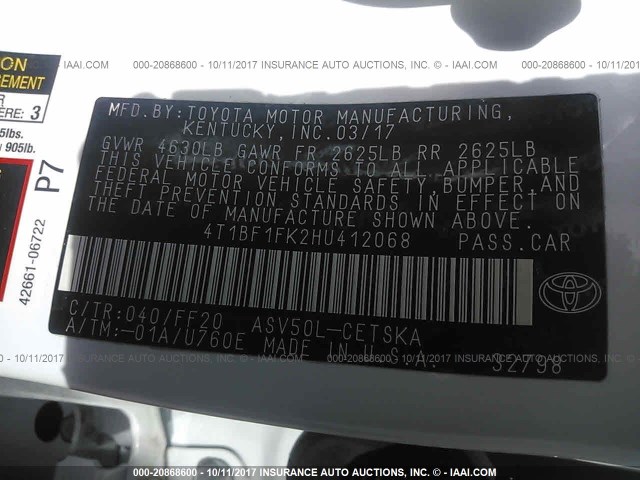 4T1BF1FK2HU412068 - 2017 TOYOTA CAMRY LE/XLE/SE/XSE 白色 照片 9