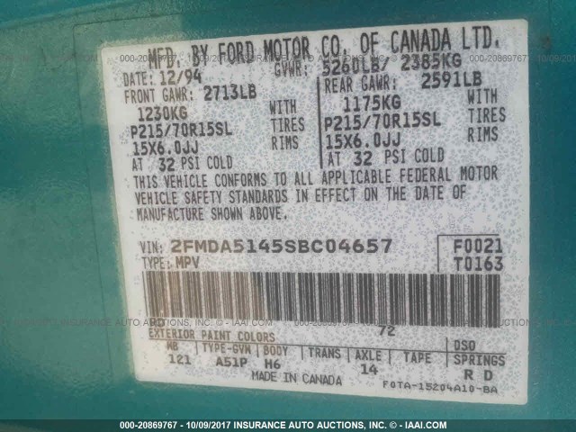 2FMDA5145SBC04657 - 1995 FORD WINDSTAR WAGON TEAL photo 9