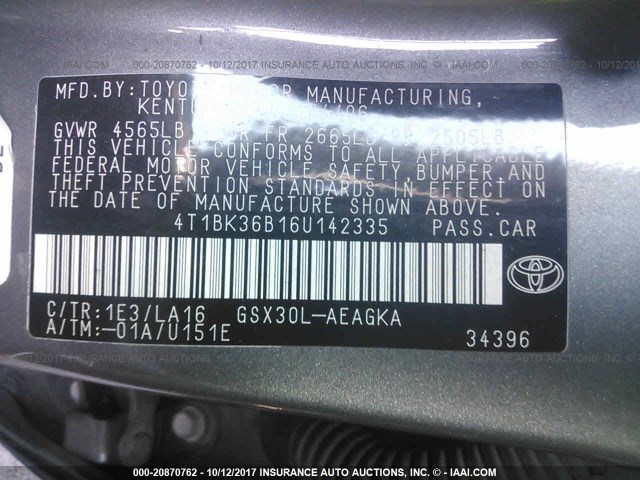 4T1BK36B16U142335 - 2006 TOYOTA AVALON XL/XLS/TOURING/LIMITED GRAY photo 9