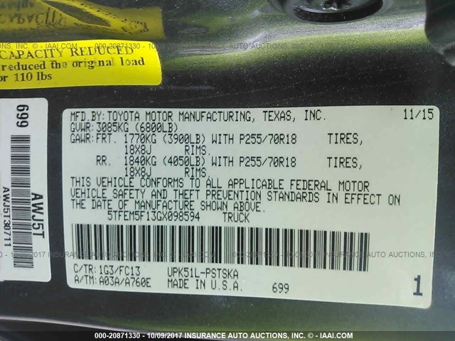 5TFEM5F13GX098594 - 2016 TOYOTA TUNDRA CREWMAX SR5 GRAY photo 9