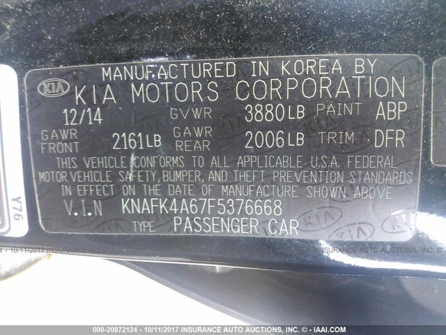 KNAFK4A67F5376668 - 2015 KIA FORTE LX BLACK photo 9