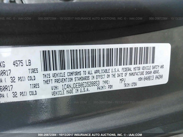 1C4NJDEB0ED528853 - 2014 JEEP COMPASS LATITUDE 灰色 照片 9