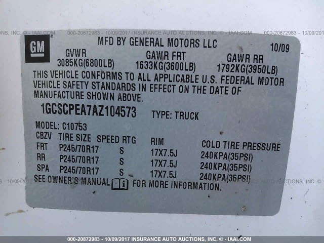 1GCSCPEA7AZ104573 - 2010 CHEVROLET SILVERADO C1500 WHITE photo 9