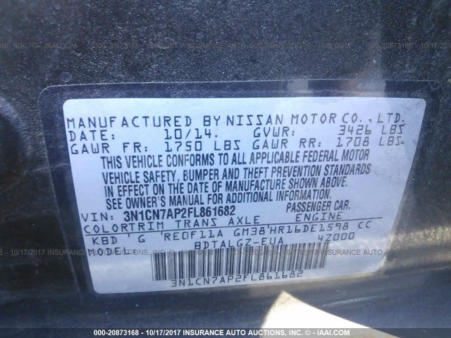 3N1CN7AP2FL861682 - 2015 NISSAN VERSA S/S PLUS/SV/SL BLACK photo 9