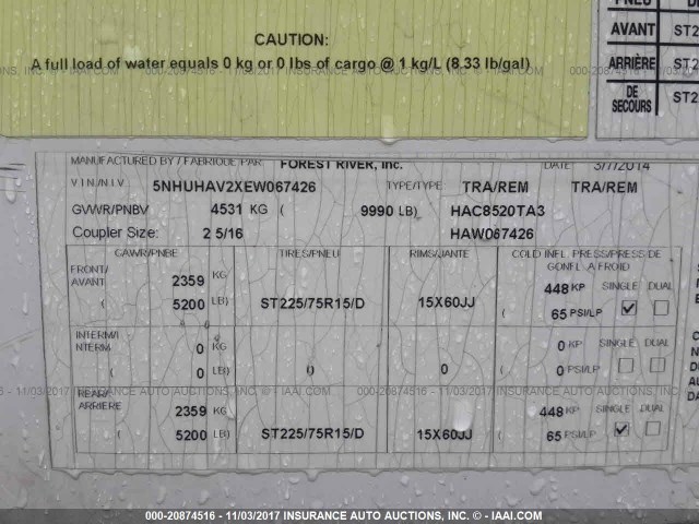5NHUHAV2XEW067426 - 2014 FOREST RIVER ENCLOSED CARGO  白色 照片 9