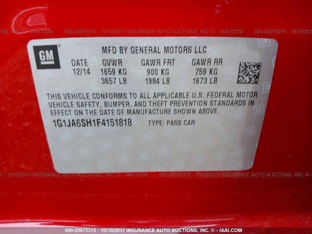 1G1JA6SH1F4151818 - 2015 CHEVROLET SONIC LS 红色 照片 9