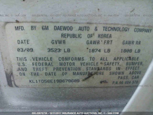 KL1TD56E19B679609 - 2009 CHEVROLET AVEO LS/LT 白色 照片 9